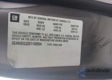 2003 Buick Century Custom z USA, uszkodzony, nr VIN 2G4WS52J231102654